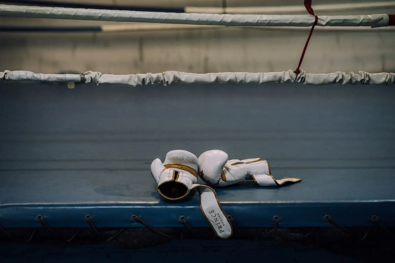 Paire de gants de boxe blancs et dorés posés sur le bord d'un ring, cordes en arrière-plan