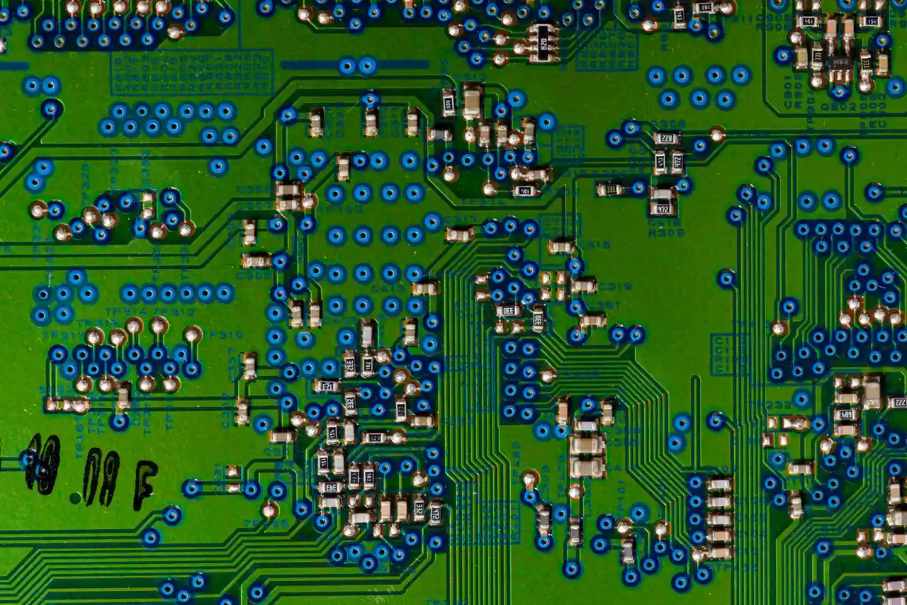Carte de circuit imprimé verte en gros plan, avec ses pistes et ses composants électroniques.