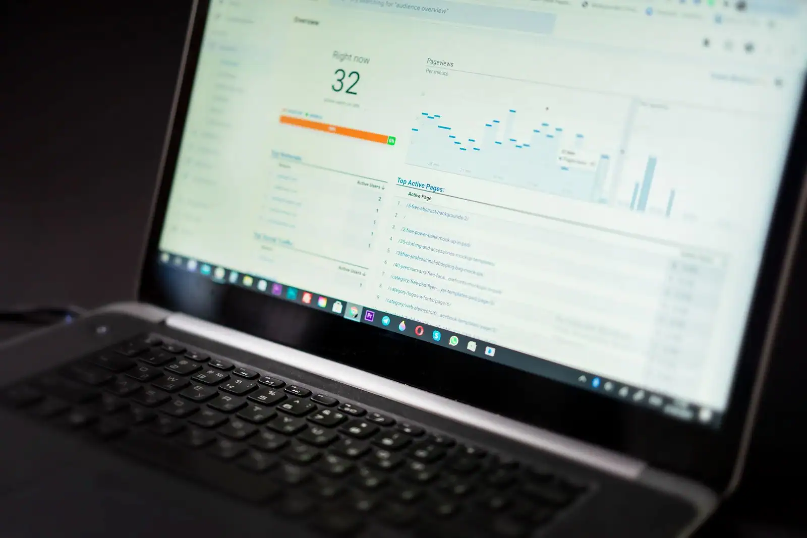 Ordinateur portable affichant un tableau de bord d'analyse avec un graphique et des indicateurs chiffrés