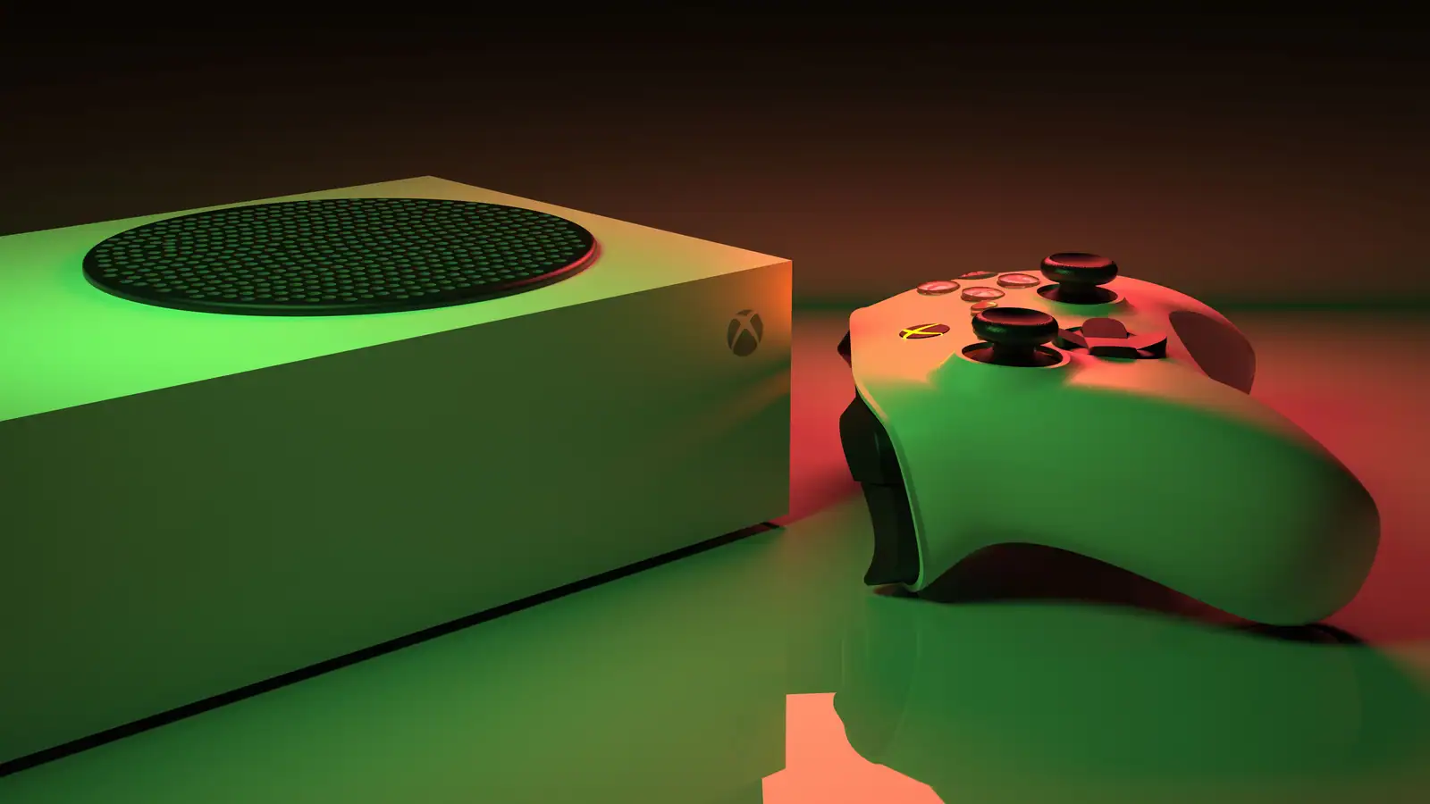 Console Xbox Series S blanche et sa manette sous un éclairage vert et rouge sur une surface réfléchissante